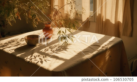 Modern interior lifestyle Mediterranean in summer scene, plant with bowl on table with light and shadow in dining room Modern interior lifestyle Mediterranean in summer scene, plant with bowl on table with light and shadow in dining room 106530705