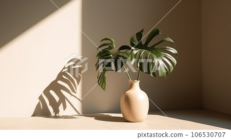 Modern summer minimal of plant in sunlight with long shadows on beige wall background, copy space interior lifestyle Mediterranean scene 106530707