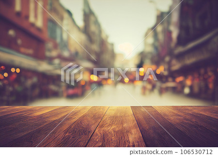 Empty wood table top on blur abstract of street restaurant outdoor and city background, for montage product display, 3d rendering 106530712