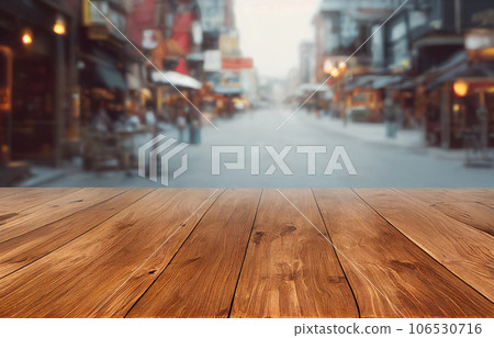 Empty wood table top on blur abstract of street restaurant outdoor and city background, for montage product display, 3d rendering 106530716