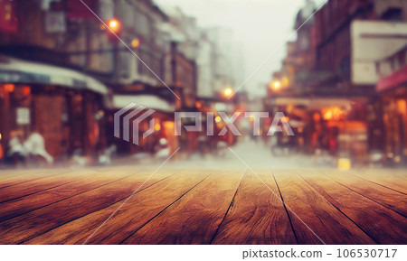 Empty wood table top on blur abstract of street restaurant outdoor and city background, for montage product display, 3d rendering Empty wood table top on blur abstract of street restaurant outdoor and city background, for montage product display, 3d rendering 106530717