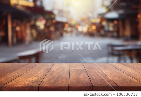 Empty wood table top on blur abstract of street restaurant outdoor and city background, for montage product display, 3d rendering 106530718