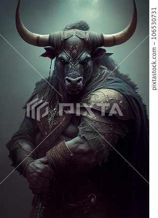 Monster bull as a warrior with armor, fantasy character dark tone background, Generative Ai 106530731