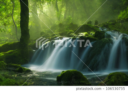 Landscape of beautiful scenery of waterfall in deep forest background, 3d rendering Landscape of beautiful scenery of waterfall in deep forest background, 3d rendering 106530735