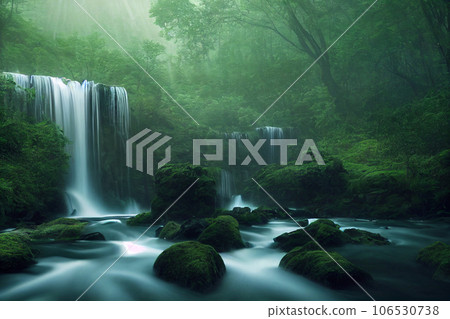 Landscape of beautiful scenery of waterfall in deep forest background, 3d rendering 106530738