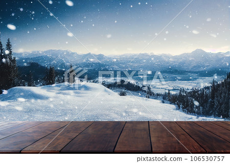 Empty wood table top on blur abstract of mountain snow winter nature background, for montage product display, 3d rendering 106530757