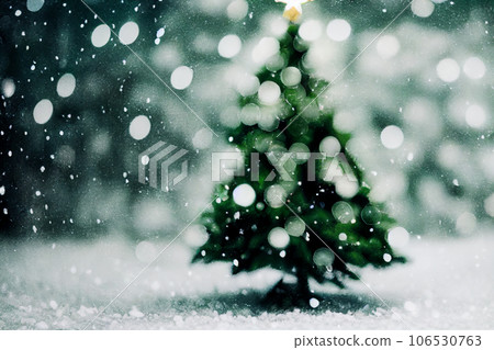 Abstract blurred bokeh background of Christmas tree with snow and copy space, holiday and celebration concept, 3d rendering Abstract blurred bokeh background of Christmas tree with snow and copy space, holiday and celebration concept, 3d rendering 106530763