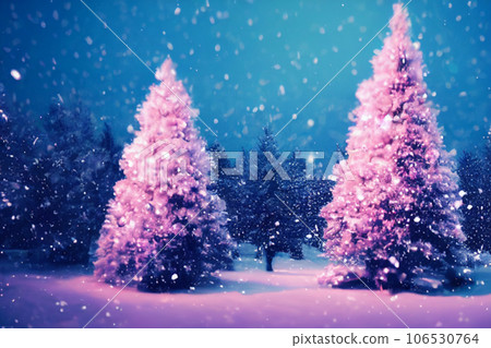 Abstract blurred bokeh background of Christmas tree with snow and copy space, holiday and celebration concept, 3d rendering 106530764