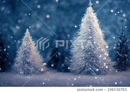 Abstract blurred bokeh background of Christmas tree with snow at night and copy space, holiday and celebration concept, 3d rendering 106530765