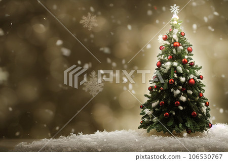 Abstract blurred bokeh background of Christmas tree with snow at night and copy space, holiday and celebration concept, 3d rendering Abstract blurred bokeh background of Christmas tree with snow at night and copy space, holiday and celebration concept, 3d rendering 106530767