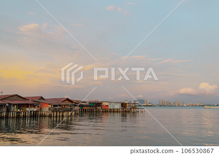 Georgetown Chew Jetty and sunset seascape in Penang island, Malaysia 106530867