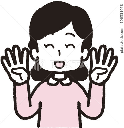 Upper body illustration of a woman smiling with four fingers on each hand Upper body illustration of a woman smiling with four fingers on each hand 106531058