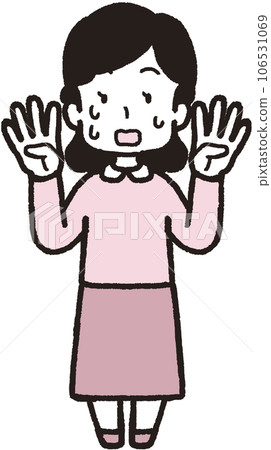 一名女子滿頭大汗、驚慌失措的全身插圖,每隻手都有四個手指 一名女子滿頭大汗、驚慌失措的全身插圖,每隻手都有四個手指 106531069