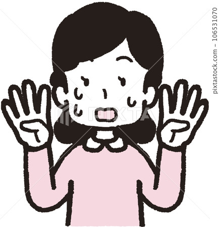 一名婦女上半身出汗、驚慌失措，每隻手有四個手指的插圖 106531070