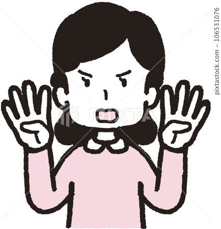 Upper body illustration of an angry woman with four fingers on each hand 106531076
