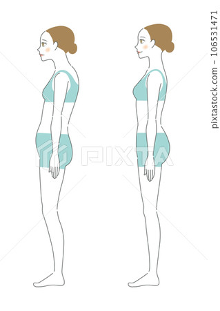 Full body illustration of a woman with good posture and a woman with bad posture Full body illustration of a woman with good posture and a woman with bad posture 106531471