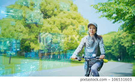 Healthcare technology Women riding bicycles and data Healthcare technology Women riding bicycles and data 106531603