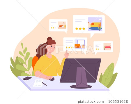 Booking accommodation. Woman searching hotel apartment for reserve rent in booking online service, estate agent finding room on tourism internet platform, trip vector illustration 106531628