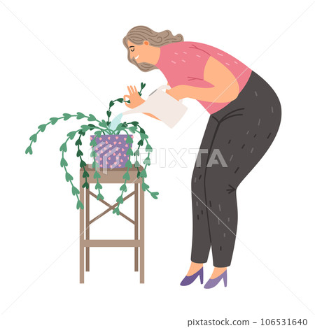 Houseplant care, woman with watering can for flowers. Room gardening hobby, moistening of foliage. Cartoon vector botanical concept. Caring for home plants 106531640