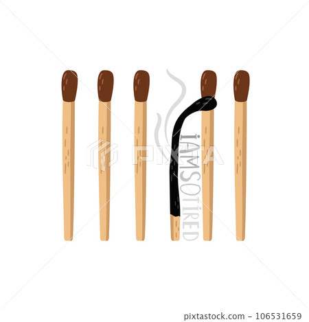 Burnt and extinguished match among whole matches. Burnout and fatigue concept 106531659