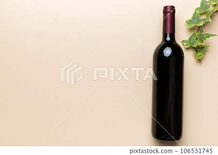 One Bottle of red wine on colored table. Flat lay, top view wth copy space One Bottle of red wine on colored table. Flat lay, top view wth copy space 106531745