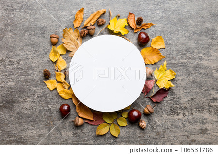 Autumn composition with round paper blank and dried leaves on table. Flat lay, top view, copy space Autumn composition with round paper blank and dried leaves on table. Flat lay, top view, copy space 106531786