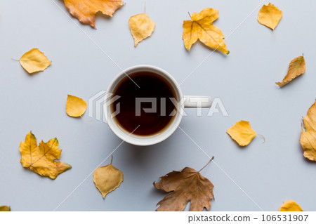 Flat lay composition with colorful Autumn cup of coffee and leaves on a color background. top view Flat lay composition with colorful Autumn cup of coffee and leaves on a color background. top view 106531907