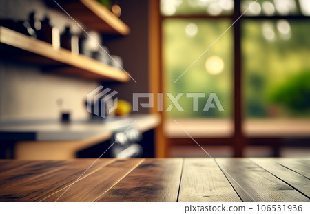 Abstract empty wooden desk table with copy space over interior modern kitchen room and window blurred background, display for product montage Abstract empty wooden desk table with copy space over interior modern kitchen room and window blurred background, display for product montage 106531936