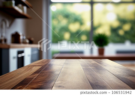 Abstract empty wooden desk table with copy space over interior modern kitchen room and window blurred background, display for product montage 106531942