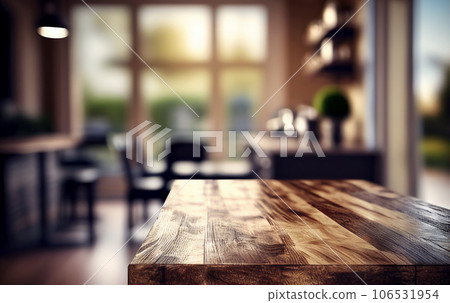 Abstract empty wooden desk table with copy space over interior modern room with blurred background, display for product montage Abstract empty wooden desk table with copy space over interior modern room with blurred background, display for product montage 106531954