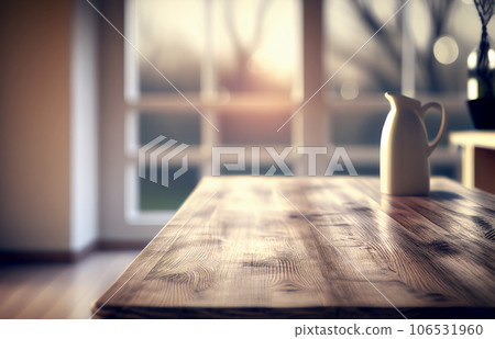 Abstract empty wooden desk table with copy space over interior modern kitchen room and window blurred background, display for product montage 106531960