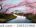 Beautiful landscape of mountain and blooming cherry blossoms in spring, Japan 106531966