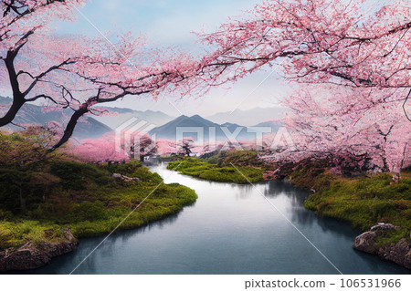 Beautiful landscape of mountain and blooming cherry blossoms in spring, Japan 106531966