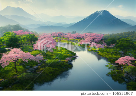 Beautiful landscape of mountain and blooming cherry blossoms in spring, Japan Beautiful landscape of mountain and blooming cherry blossoms in spring, Japan 106531967
