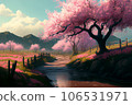 Beautiful landscape of mountain and blooming cherry blossoms in spring, Japan, Generative AI 106531971