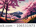 Beautiful landscape of mountain and blooming cherry blossoms in spring, Japan, Generative AI 106531973