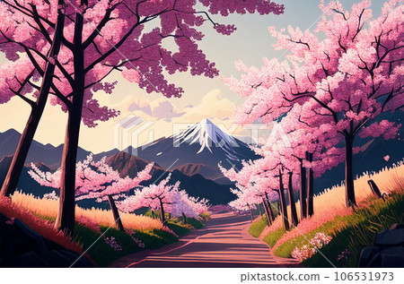 Beautiful landscape of mountain and blooming cherry blossoms in spring, Japan, Generative AI 106531973