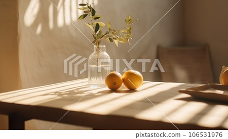Modern interior lifestyle Mediterranean in summer scene, plant with fruit on table with light and shadow in dining room, generative ai 106531976