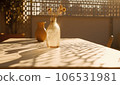 Modern still life interior lifestyle Mediterranean in summer scene, flower plant on table with light and shadow in dining room, generative ai 106531981