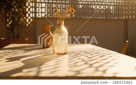 Modern still life interior lifestyle Mediterranean in summer scene, flower plant on table with light and shadow in dining room, generative ai 106531981