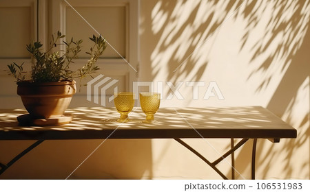 Modern still life exterior lifestyle Mediterranean in summer scene, plant potted and glasses on table with shadow overlay, generative ai Modern still life exterior lifestyle Mediterranean in summer scene, plant potted and glasses on table with shadow overlay, generative ai 106531983