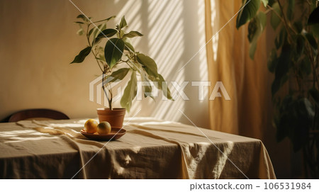 Modern interior lifestyle Mediterranean in summer scene, plant with fruit on table with light and shadow in dining room 106531984