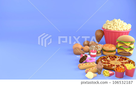 3D rendering group of junk food. 3D illustration fast food concept and copy space 3D rendering group of junk food. 3D illustration fast food concept and copy space 106532187