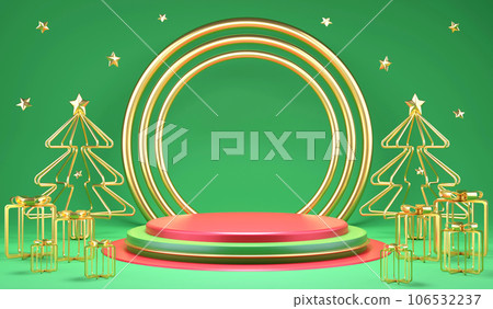 3D rendering flat design golden line Christmas ornaments and podium for product display on green background 3D rendering flat design golden line Christmas ornaments and podium for product display on green background 106532237