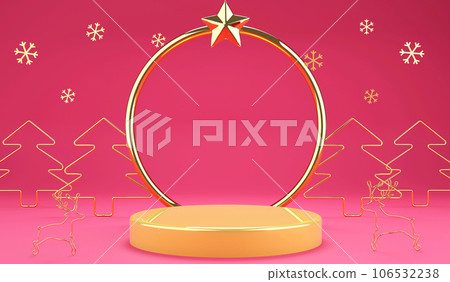 3D rendering flat design golden line Christmas ornaments and  podium on red background 106532238