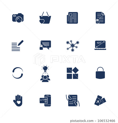 Different simple universal icons for sites, apps, programs. Camera, messenger, laptop, social network, lock and other. Different simple universal icons for sites, apps, programs. Camera, messenger, laptop, social network, lock and other. 106532466