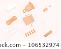 Sanitary napkin, women menstrual pad, tampon, reusable pad, menstrual cup underpants with menstruation blood isolated on white background. 106532974