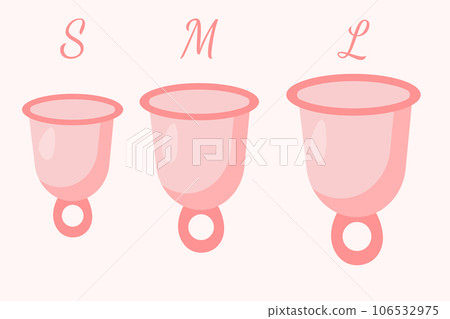 Feminine menstruation cup set. Different sizes of cups S, M, L. Womans menstrual care. Illustration of intimate hygiene products. 106532975