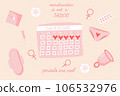 Female period protection. Menstruation products sanitary pads menstrual cup calndar periods are cool inscription 106532976