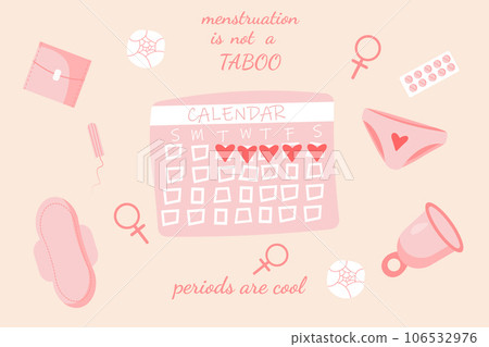 Female period protection. Menstruation products sanitary pads menstrual cup calndar periods are cool inscription 106532976